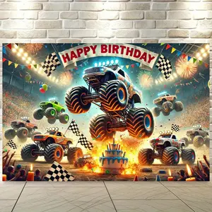 Monster Truck Birthday Party Backdrop Banner - 8x6ft Polyester Fabric Wall Covering, Vibrant Race Scene with "Happy Birthday" Text, Ideal for Living Room, Bedroom, Office & Outdoor Decorations, Perfect Gift for Celebrations, Monster Truck Birthday