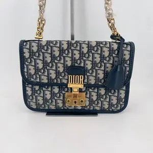 Pre-owned Dior leather Shoulder Bags Christian Blue and Beige Oblique Canvas DiorAddict Flap Bag Gold Hardware