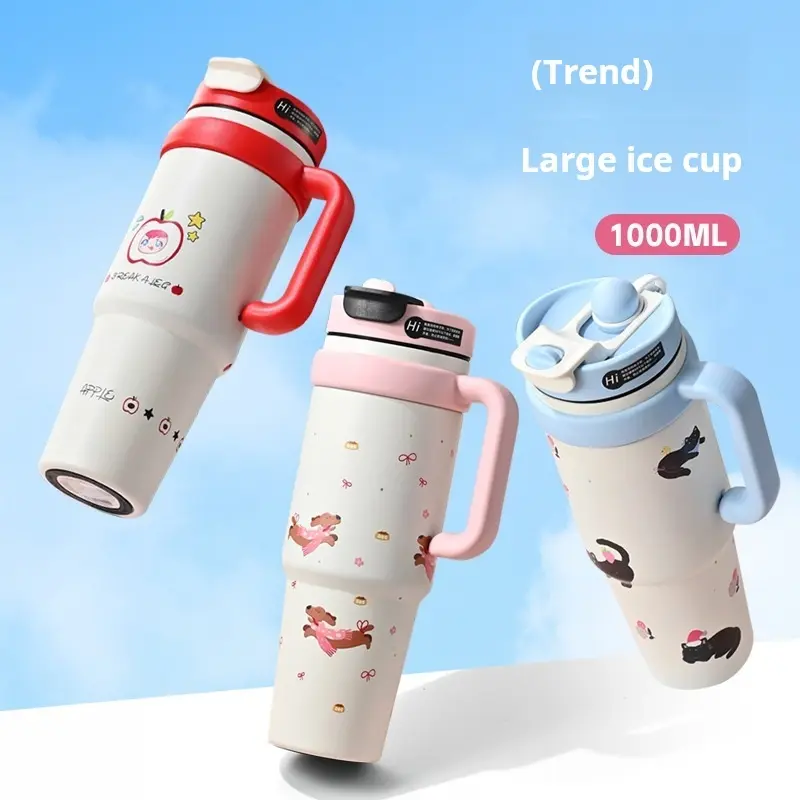 Giant Vacuum Cup for Girls 1000ML High-Value Large Capacity Ice-Cool Cup with Cute Pattern New Style Water Mug Portable Tumbler Drinkware