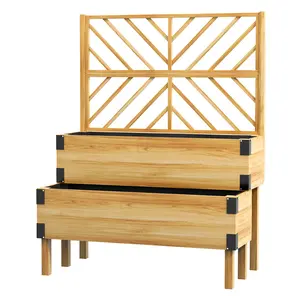 Natural Wood 2 Tier Trellis Planter Raised Garden Bed with Grid Backdrop for Climbing Plants Stepped No Bending Self Draining for Patio Balcony Small Space Gardening