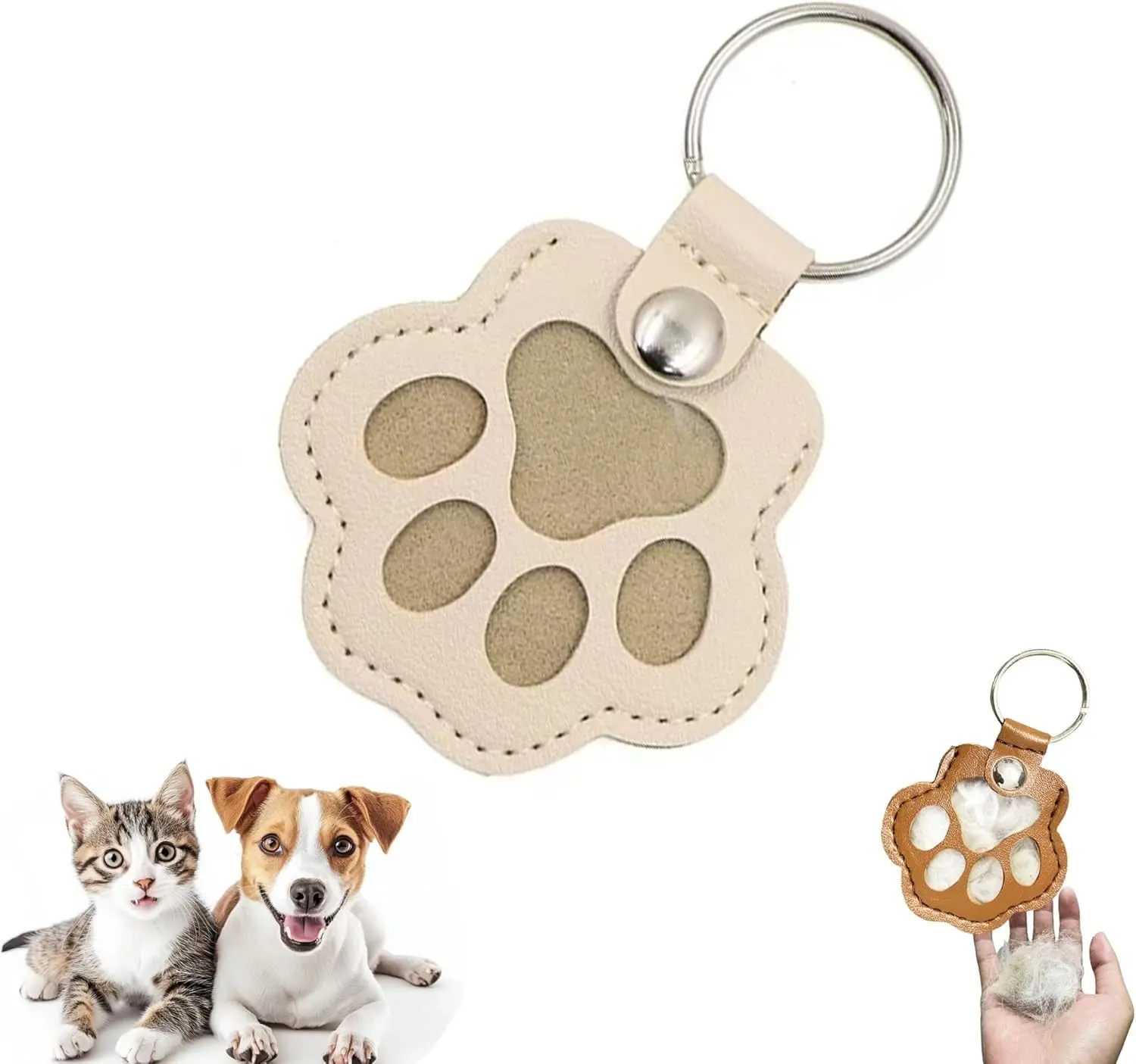 4 Pcs Pet Paw Shaped Leather Keychain, Pet Hair Keychain,Pet Memorial Gift Keyring, Handmade Key Holder ForCollecting Cat And Dog Hair(White，Grey，Pink，Brown)