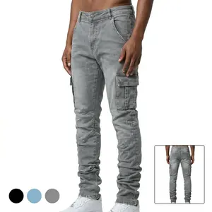 Men's Slim Fit Cargo Denim Jeans Pants Cargo Denim Jeans With Side Utility Pockets Distressed Raw Hem Stacked Washed Stretch Comfortable Durable Breathable High Street Streetwear Hip Hop Urban Casual Daily Wear Night Out Street Style tiktokshopspringglowu