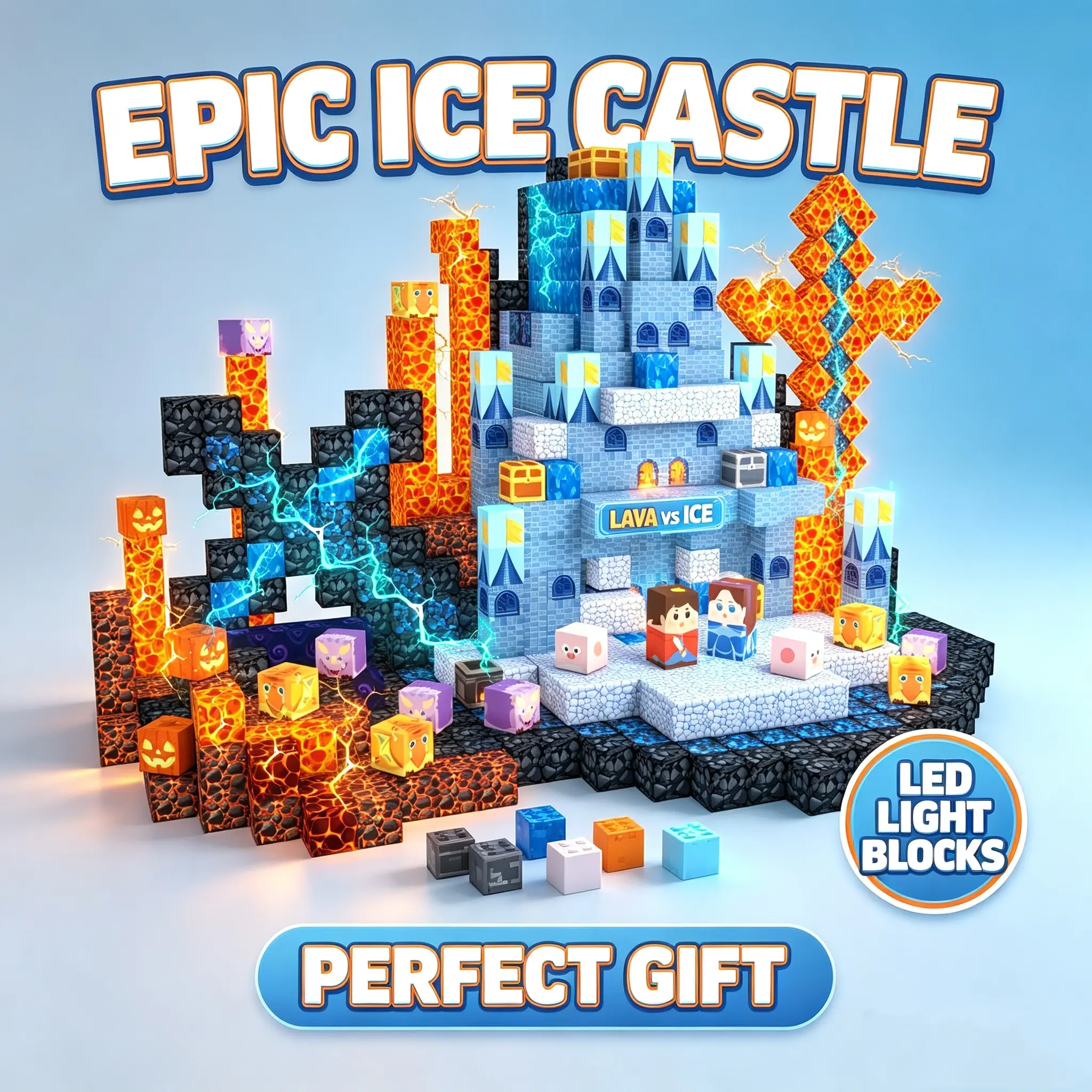 DIY Fantasy Blue Castle Magnetic Tiles Blocks Kit - 100 LED Night Lamp, Do-It-Yourself Open-Ended Play Toy for 4-6 Year Olds, Video Games Themed, Creativity & Development Support, Kids Gift Ideas