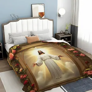 Jesus & Roses Pattern Blanket, Floral Print Blanket, Soft Warm Throw Blanket, Air-conditioned Room Blanket, Warm Nap Blanket for Home Office Travel