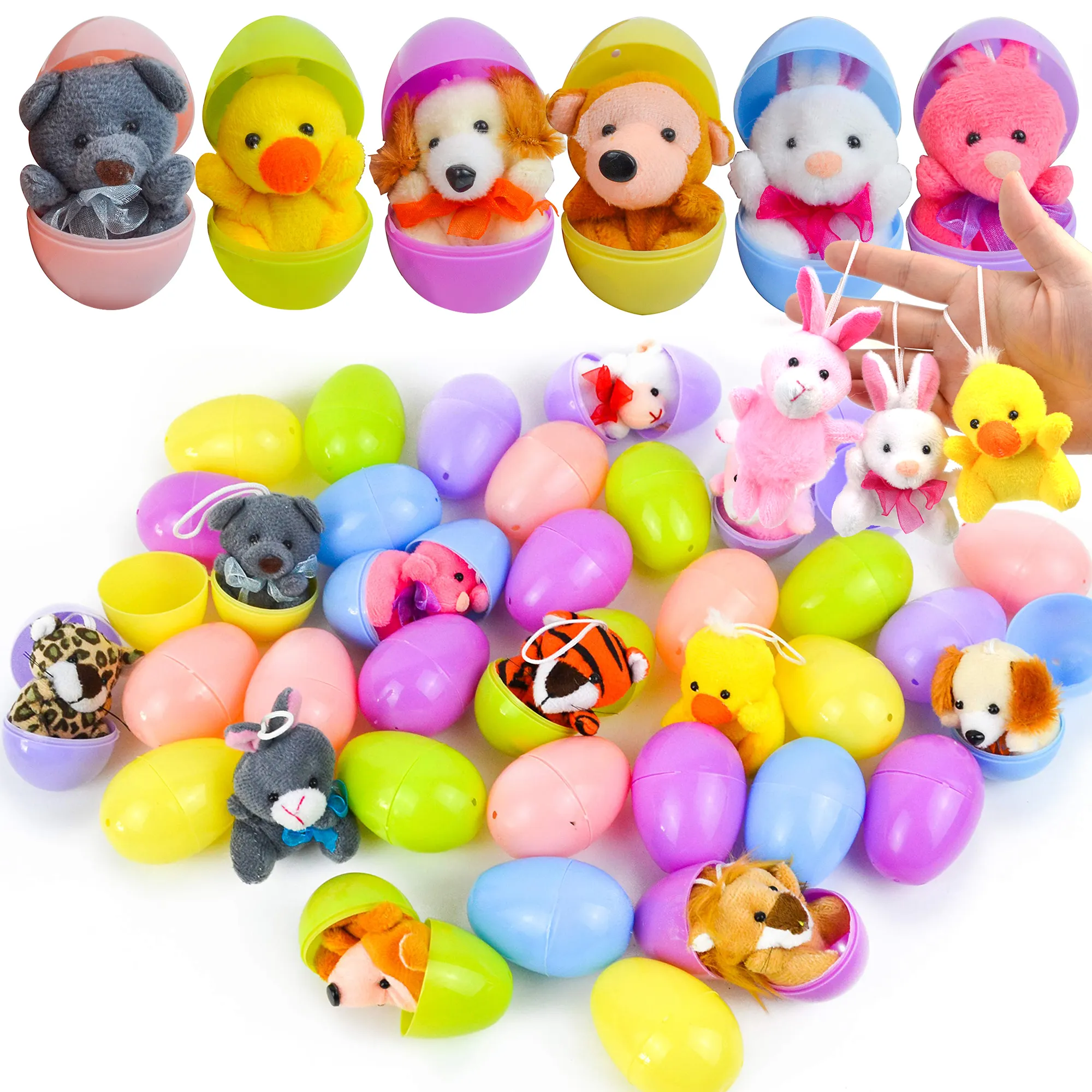 36Pcs/12Pcs 2.35in Animal Plush Toys /36 Pcs 2.35in Stress Relief Toys Prefilled Easter Eggs for Easter Egg Hunt/12Pcs 3.7in Colorful Wind-Up Toy with
