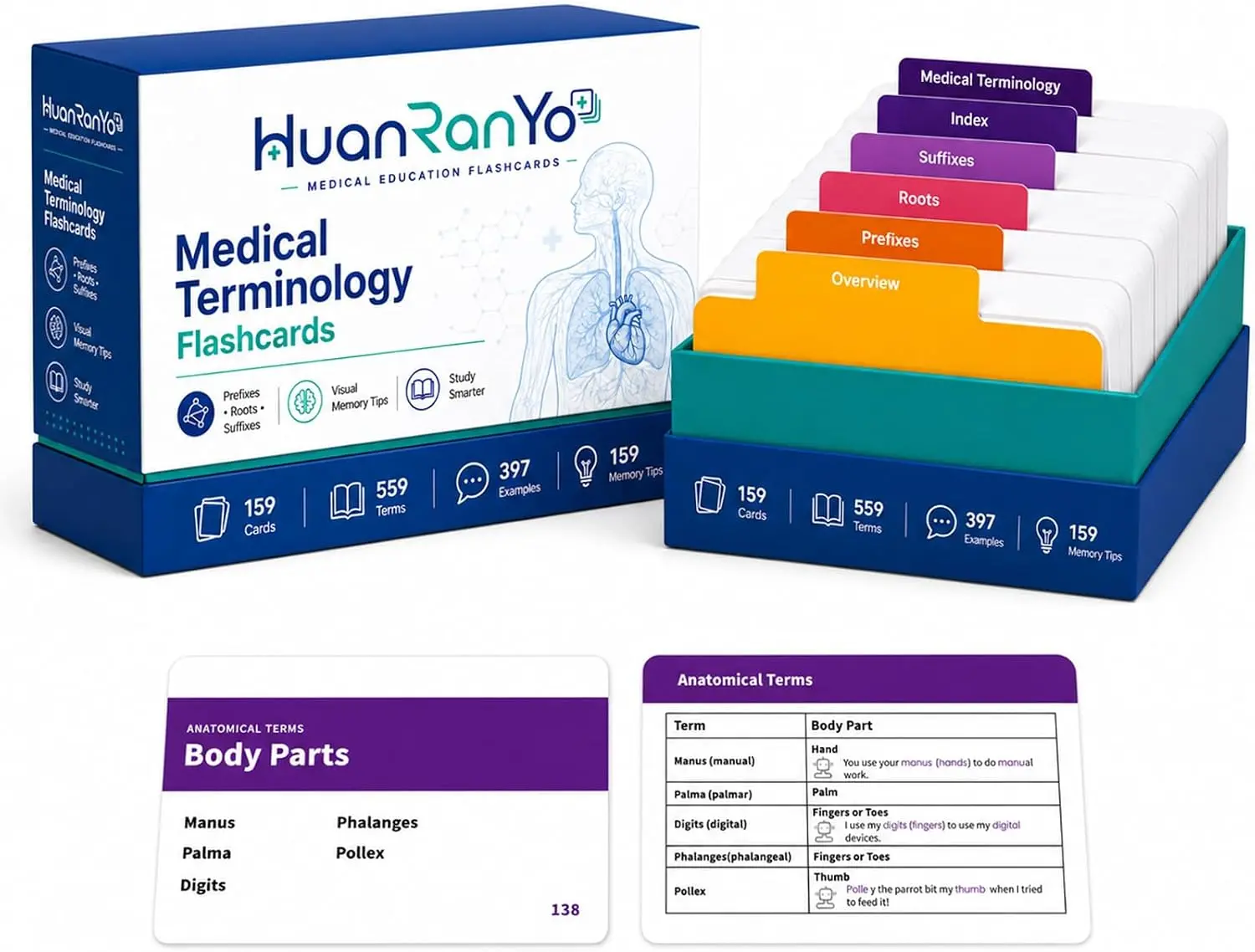 2026 Medical Terminology Flash Cards, 159 Cards with Prefixes, Roots, Suffixes, Key Terms, Examples, Memory Tips and Illustrations