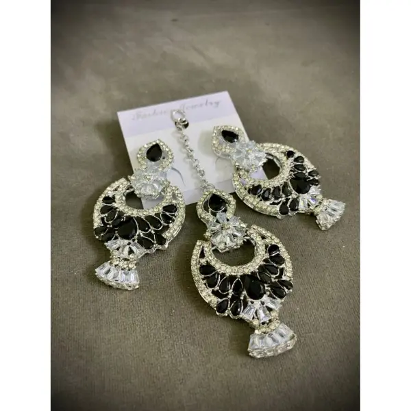 Indian Combo Set Black & Silver Earing Maang Teeka