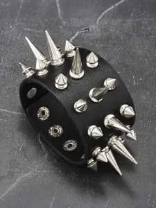 Extreme Spiked Leather Cuff Bracelet - Black with Mixed Silver Spikes | Edgy Gothic Punk Statement Jewelry | Bold Adjustable Streetwear Accessory for Men & Women, Punk Style Jewelry