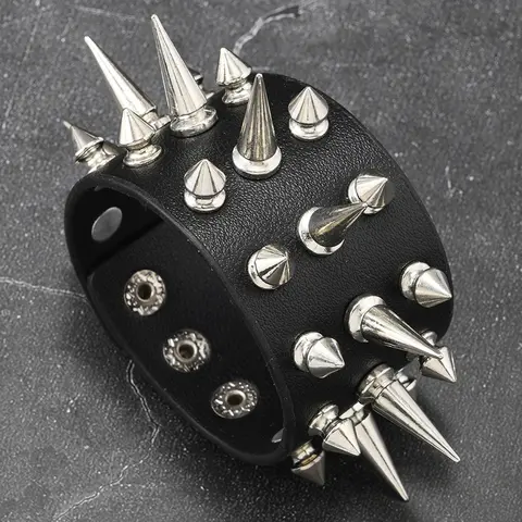 Extreme Spiked Leather Cuff Bracelet - Black with Mixed Silver Spikes | Edgy Gothic Punk | Bold Adjustable Streetwear Accessory for Men & Women, Punk Style Jewelry, Fashion Bracelets