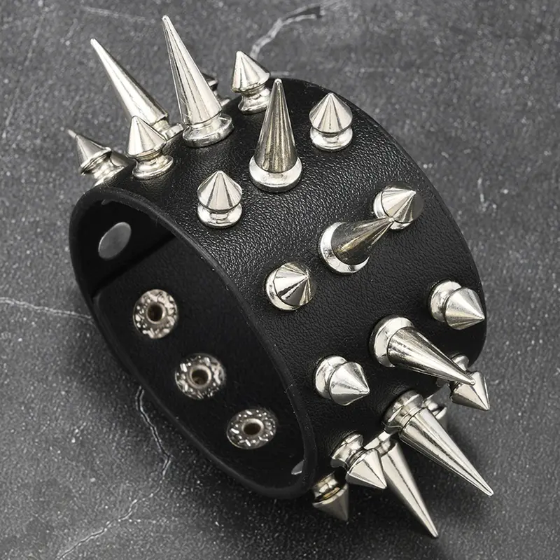 Extreme Spiked Leather Cuff Bracelet - Black with Mixed Silver Spikes | Edgy Gothic Punk | Bold Adjustable Streetwear Accessory for Men & Women, Punk Style Jewelry, Fashion Bracelets