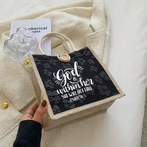 Simple patterned Christian print linen tote bag, the perfect gift to express your faith.  Features button decoration, double handles, and is reusable. Suitable for weddings, birthdays, beach trips, holidays, and more.