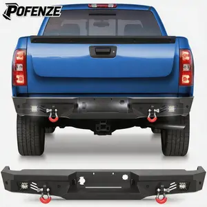 POFENZE-Mestan Rear Bumper for 2007-2013 Chevy Silverado 1500 & GMC Sierra 1500 X, w/Step Plate, Fog Lights, License Plate Lights and D-rings Kit Covers