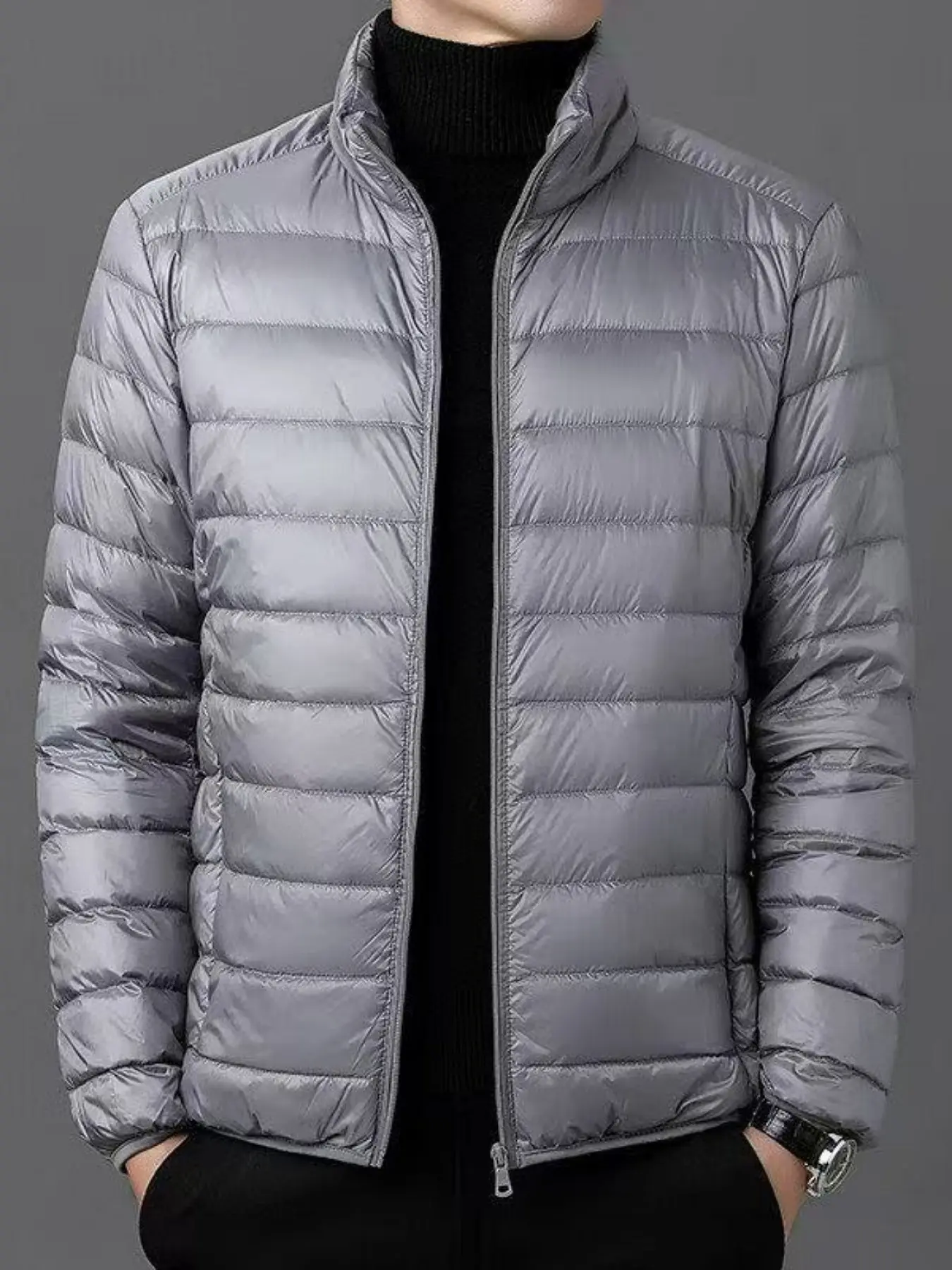 Men's casual and simple stand-up collar (ribbed) outdoor jacket, Casual fitted jackets, lightweight and warm coat, full zipper adjustable, slim fit, long sleeves, suitable for daily commuting, business and leisure occasions, light outdoor activities