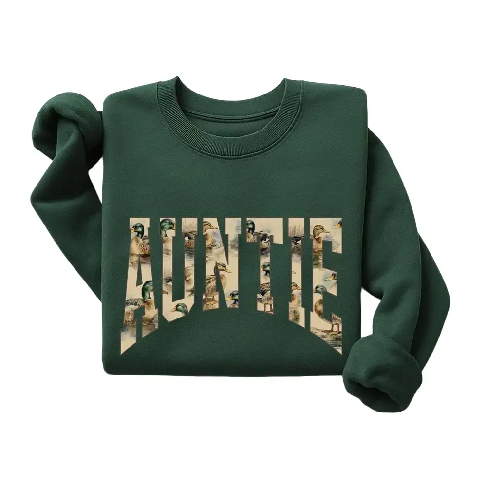Auntie Mallard Duck Sweatshirt, Vintage Graphic Pullover, Unisex Casual Long Sleeve Cotton Blend for Hunting Season