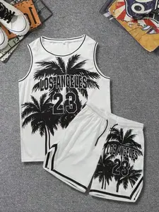Men's Letter Print Jersey Basketball Vest & Shorts Set, Regular Fit Street Basketball Sleeveless Top & Track Shorts, Summer Clothes Set for Men