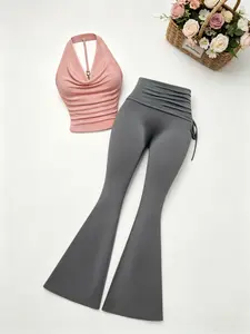 Summer Sexy Backless Metal Chain Buckle Halter Top, Slim Fit Casual Pure Color Foldover Drawstring Waist Comfort Leg Shaping Bell Bottoms Set