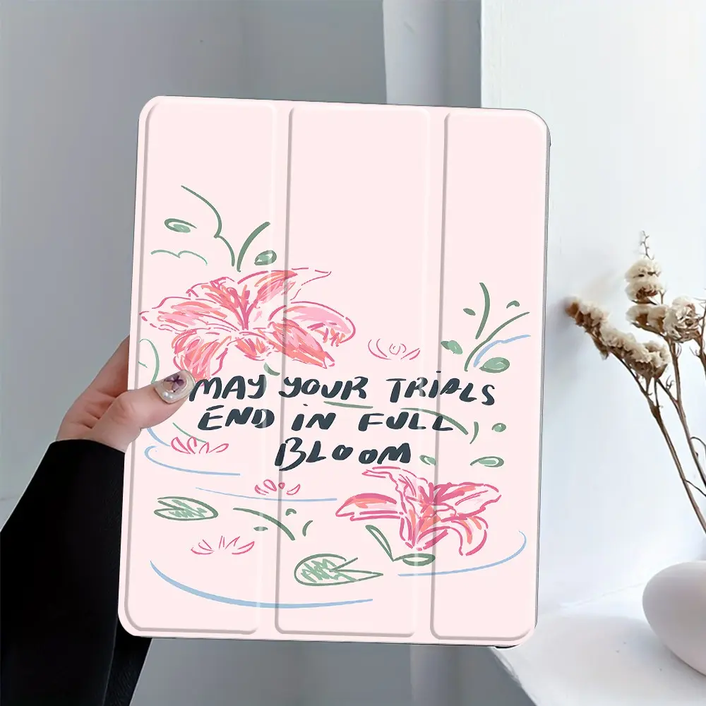 Cute Pink Floral iPad Case with Pencil Slot, Triple Fold Stand & Auto Wake/Sleep, Inspirational Quote Cover, Shockproof Full Protection for Girls, Fits iPad 7.9/8.3/10.2/10.5/10.9/11/12.9 13 inch, Great for School & Work Use