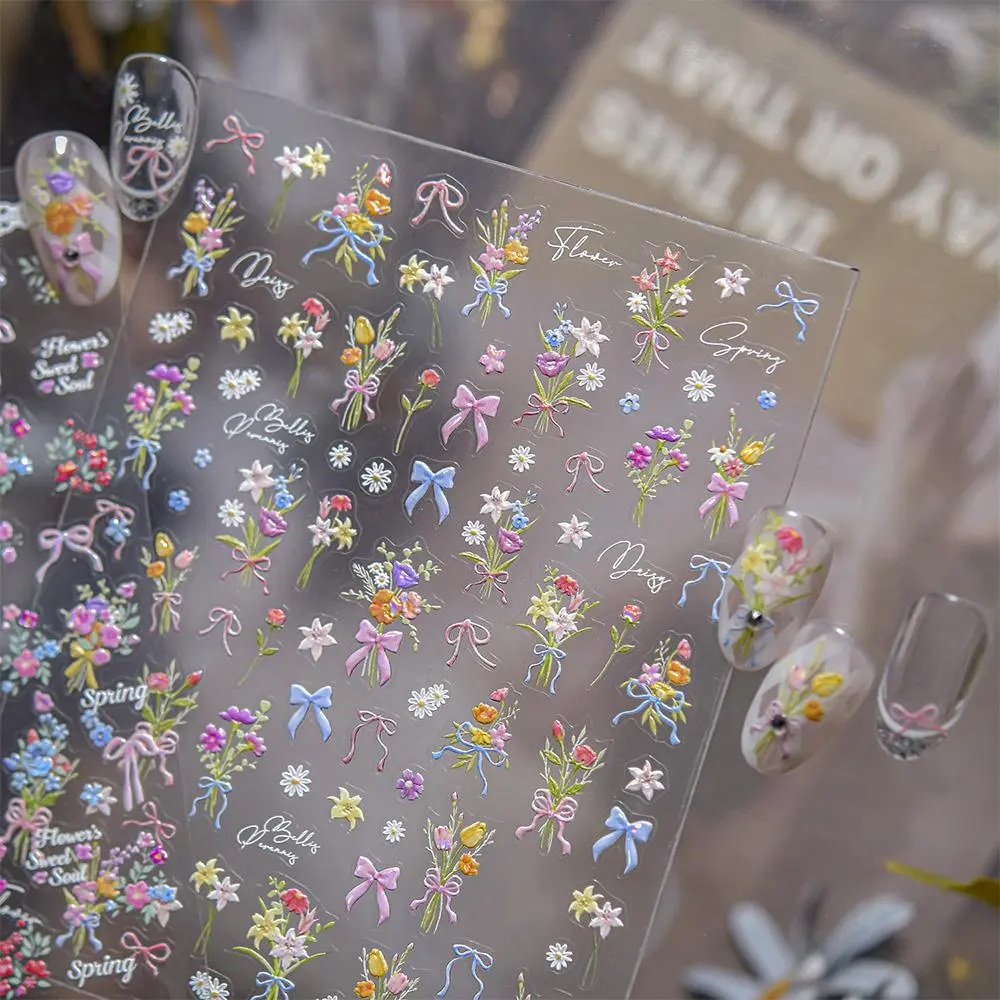 1Sheet 3D Spring Flower Series Nail Stickers Colorful Tulip Bouquet Nail Decal Adhesive Little Daisy Ribbon Bow Manicure Sticker