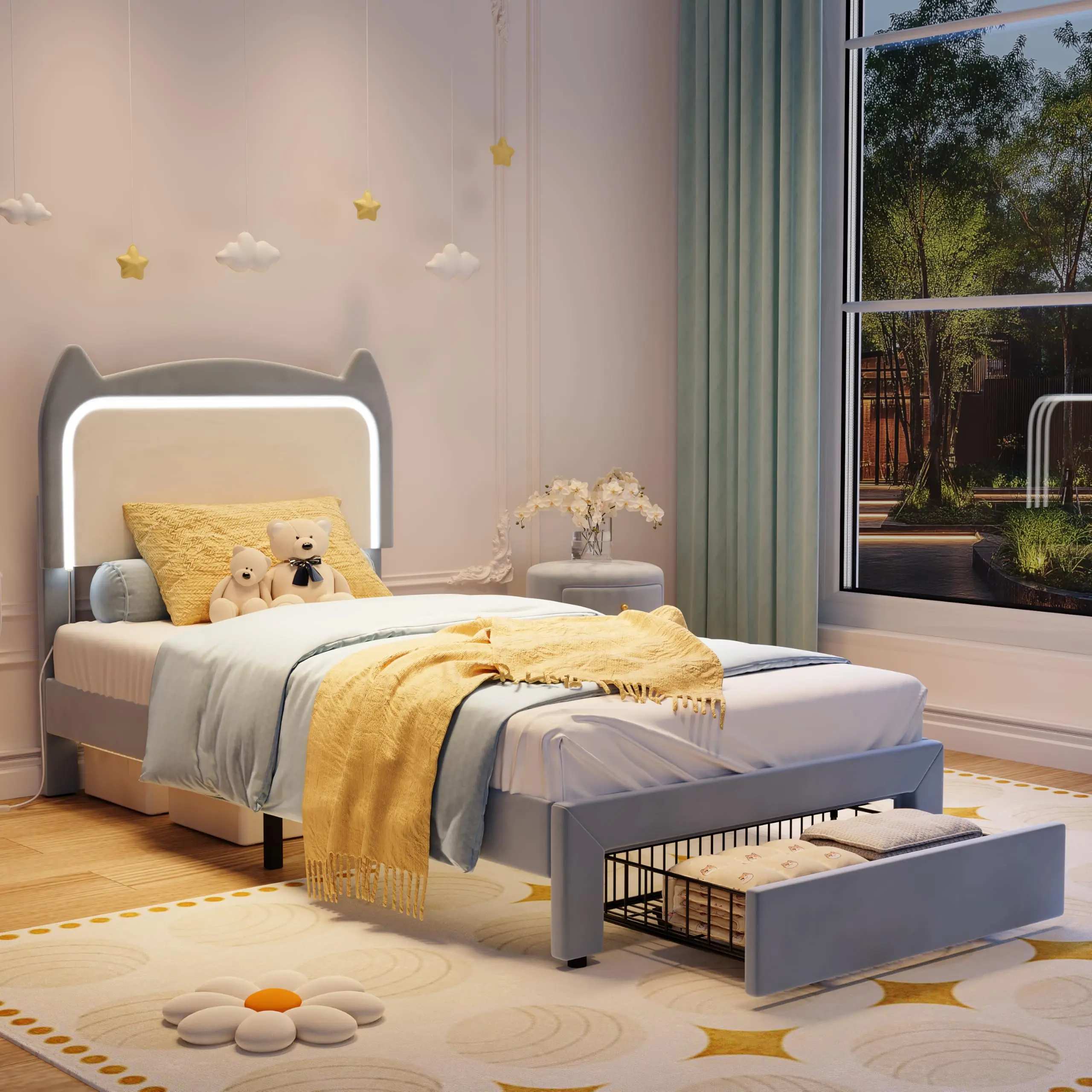 Blue Twin Upholstered LED Bed Frame, adorable cat shaped velvet headboard with soft lighting, equipped with handy storage drawer perfect for kids and girls bedroom