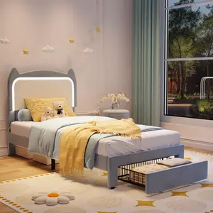 Blue Twin Upholstered LED Bed Frame, adorable cat shaped velvet headboard with soft lighting, equipped with handy storage drawer perfect for kids and girls bedroom