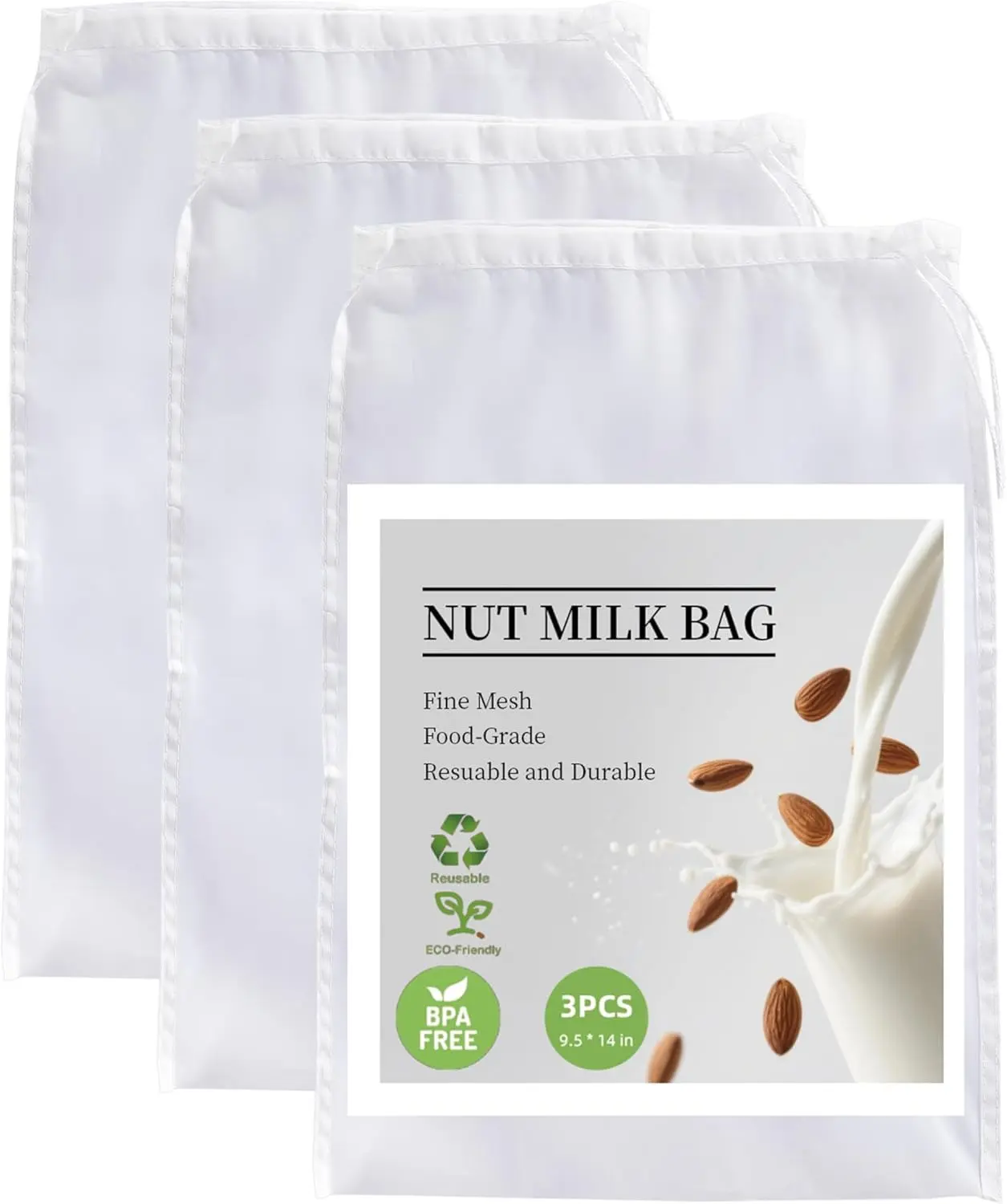 3 Pack Reusable Nut Milk Bag Food-Grade Nylon Cheese Cloth Bag for Straining Strong Fine Mesh Strainer Bags with Drawstring for Nut Milk Cold Brew Coffee Greek Yogurt Tea and Juice 9.5"x14"