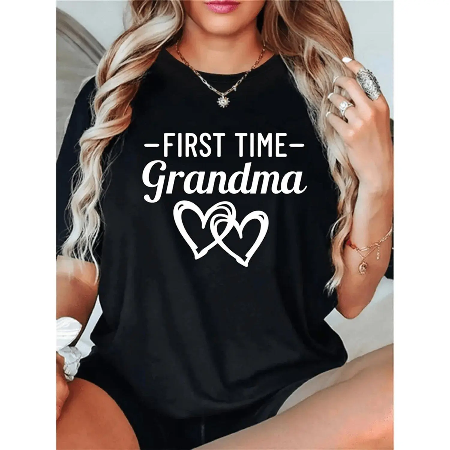 Men Short sleeve T shirts First Time Grandmothers Maternity Reveal Double Hearts New Grandma Inscription Concealed Text Regular Fit S to XXXL Gift