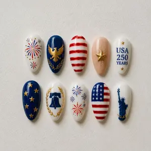 USA 250 Years Press On Nails | Limited Edition Patriotic 4th of July Nails | Hand Painted Liberty Bell Eagle Nail Art | Fake Nails