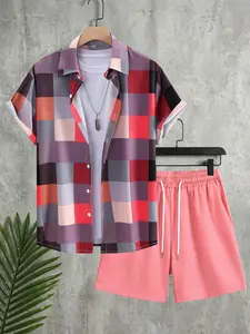 Men's Summer 2-Piece Set, Patchwork Pattern Button Shirt Jacket & Solid Pocket Shorts, Casual Beach Vacation, Loose-Fitting