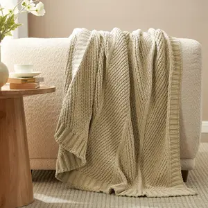 Chenille Chunky Knit Chevron Throw Blanket, 50"x 60", Beige-Amelie Home