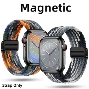Magnetic Buckle Braided Nylon Solo Loop Stretchy Straps, Smartwatch strap, suitable for Apple Watch strap 40mm 44mm 45mm iWatch Ultra 1-3 49mm 38mm 42mm for women men elastic woven nylon adjustable strap suitable for IWatch Series 11 10 9 8 7 6 5 4 3 SE
