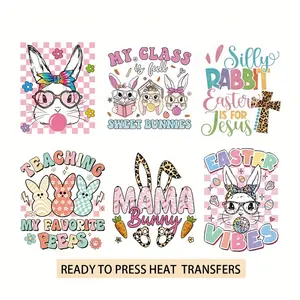 6 Pack Easter Glasses Rabbit DTF Transfer Stickers Direct Print Teaching for Tshirt Bags Clothes Decoration Washerproof Durable Heat Transfer Vinyl for Hoodies Jeans Craft Supplies