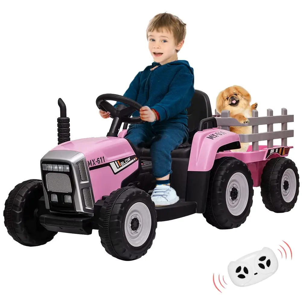 GARVEE 12V Ride-On Tractor with Trailer and Remote Control, Electric Vehicle for Toddlers Featuring LED Headlights, 2+1 Gear Shift, MP3 Player, USB, Speed Up to 5mph, 25W Motor, Tread Tires, Pink Color