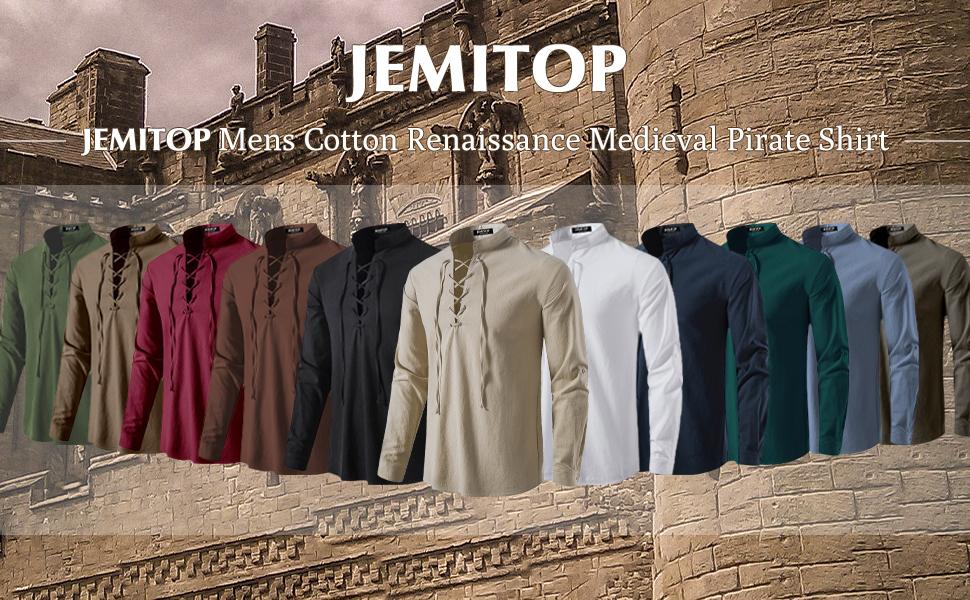 JEMITOP Men's Retro Lace-Up Shirt, 100% Cotton Renaissance Pirate Costume for Year-Round Cosplay & Halloween, Full Length, Watch Party, Costume Ideas, Character Costume Tops