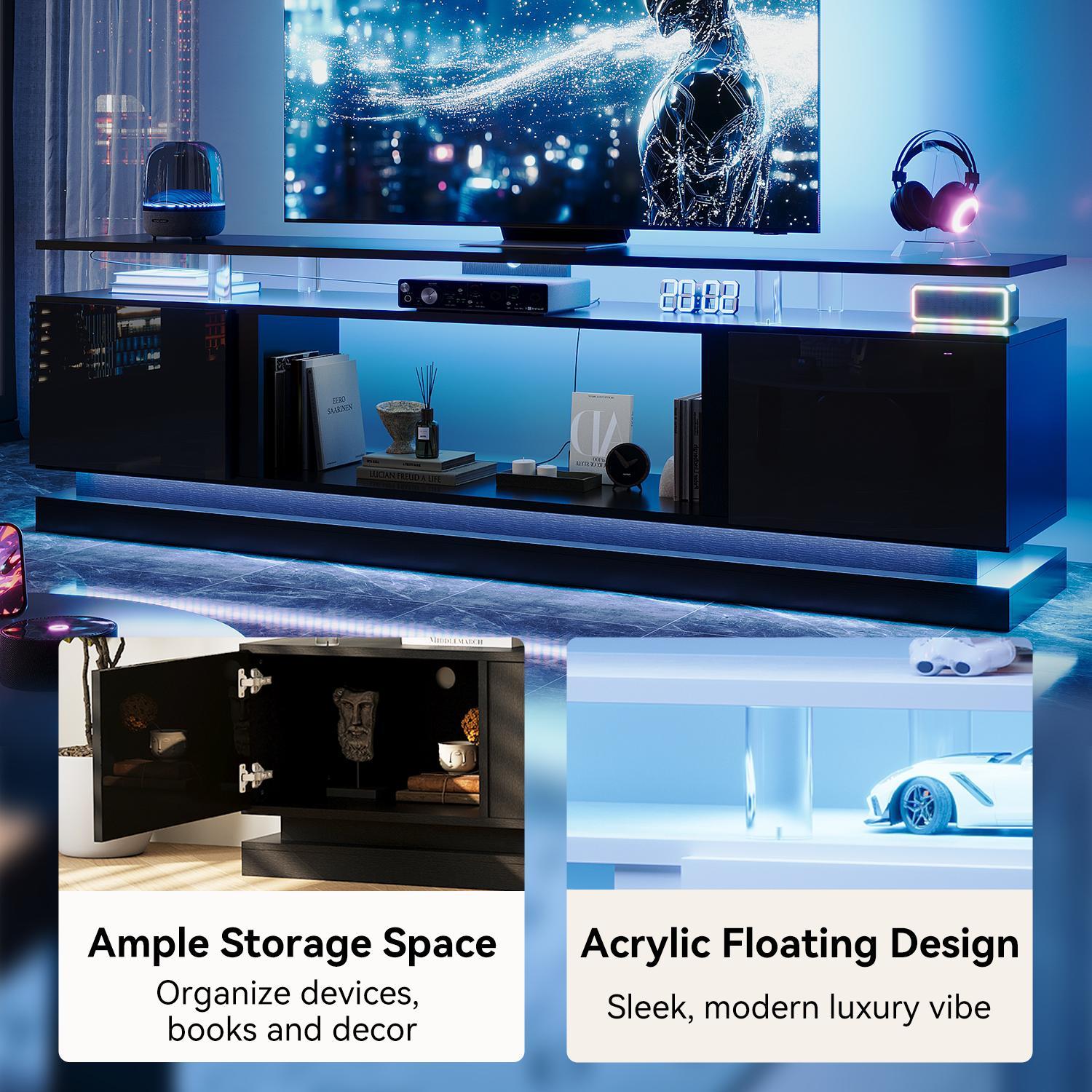 【TV STAND ONLY】ONEINMILT 70 Inch Modern TV Stand with Storage Sleek Black Media Console for Living Room & Bedroom LED Lit Fits Up to 70 TVs