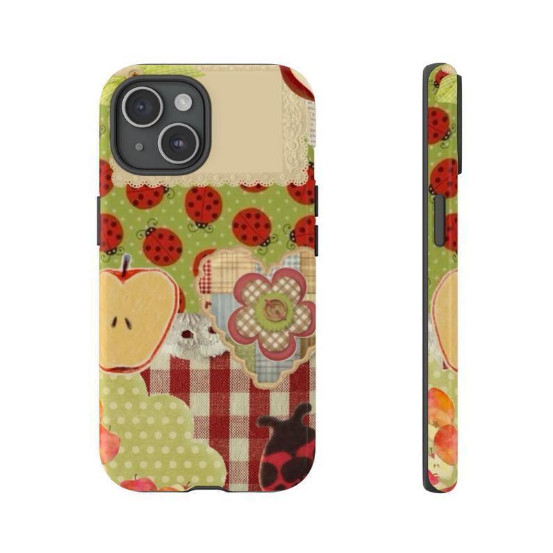Cottagecore Patchwork Phone Case – Cute Ladybug Phone Cover  -Durable, Shock Absorbing and Stylish Protection -Compatible with iPhone 17,16, 15, 14, 13, 12, 11, Plus, Pro,Pro Max, Perfect birthday gift for friends.