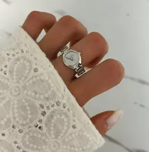 Women Silver White Moon stone Retro Watch Ring Stainless steel + gift bag