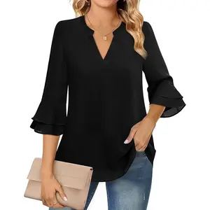 Lotusmile Womens Tops Dressy Casual 3/4 Tiered Bell Sleeve Blouses Double Layered Chiffon Work Tunic Shirts