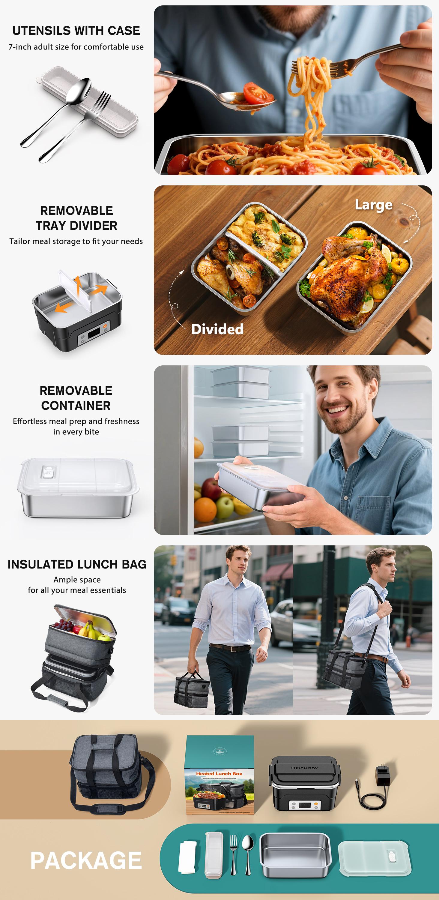 Docusvect 6.3-Cup Heated Lunch Box Cordless with Scheduled Heating | 27,000mAh Cordless Electric Lunch Box, 2H Heat+1H Keep-Warm, Mealtime Setting, Daily Memory, 220°F Max, Leak-Proof, Full Kit