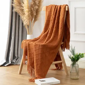 Burnt Orange Fall Throw Blanket for Couch, Soft Lightweight Decorative  Boho Bed Throw Blankets, Farmhouse Warm Woven Blanket with Tassel for Travel, Sofa, Bedroom(50" x 60")