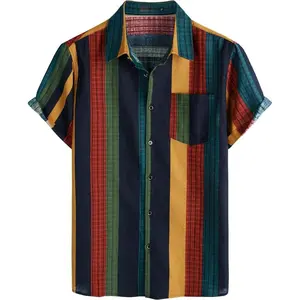 Men's Cotton-Linen Vintage Pattern Printed Old-Fashioned Shirt Casual Short-Sleeve Buttoned Retro Shirt Short-Sleeve Striped