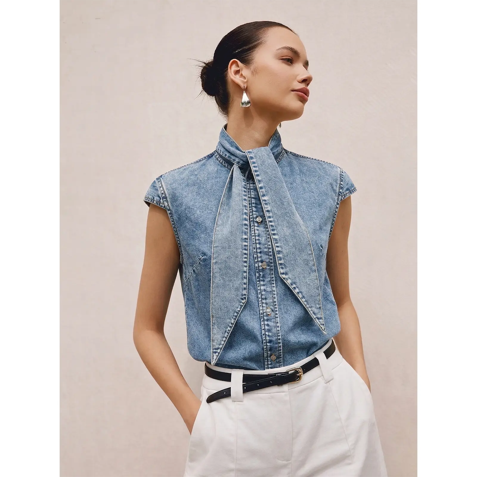 Women's Tie-Neck Sleeveless Denim Fabric Blouse, Stylish Women's Top, Casual Shirt Top, Sleeveless Fit