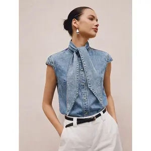 Tie Neck Sleeveless Denim Shirt