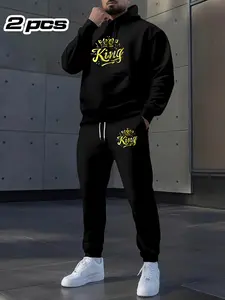 King Letter Print Couple Sweatshirt Set, Hoodie + Sport Pants, Casual Fashion Two-Piece, Long Sleeve, Fitted, Fall & Winter, Clothes