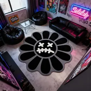 Round Bedroom Carpet, Fashionable Floral Mat, Creative Hip-Hop Style, Suitable for Young Adults, Reflective Short Velvet, Hand Wash Only, Round Floral Rug