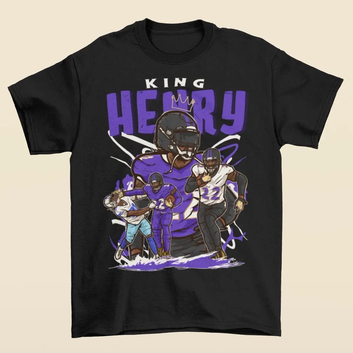 Derrick Henry “King Henry” Cartoon Style Baltimore Football T-Shirt - Men’s Adult Sizes, 100% cotton tee, unisex style