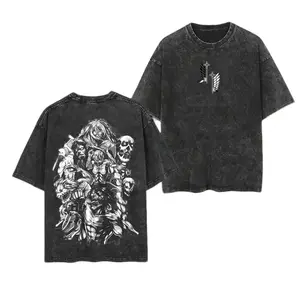 Attack on Titan Nine Titans Anime T Shirt Retro Washed Black Cotton Survey Corps Print Short Sleeve Crewneck Casual Oversized Streetwear Top for Adults