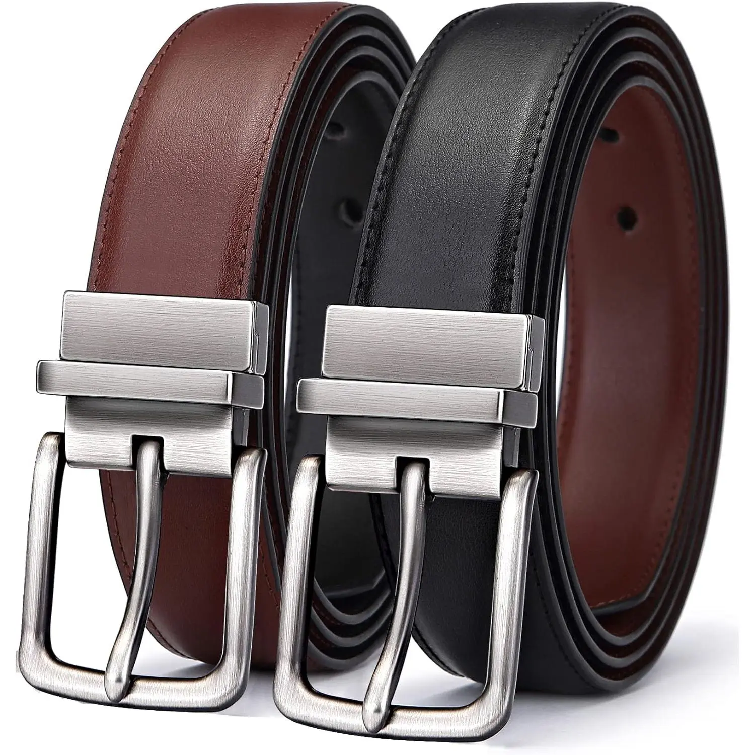 Men's Genuine Leather Casual Dress Belt - Reversible Dual Colors, Rotating Buckle, Adjustable Strap, 24"-58" Cut-to-Fit Mechanism, Double-Edge Stitching, Gift Box Pack