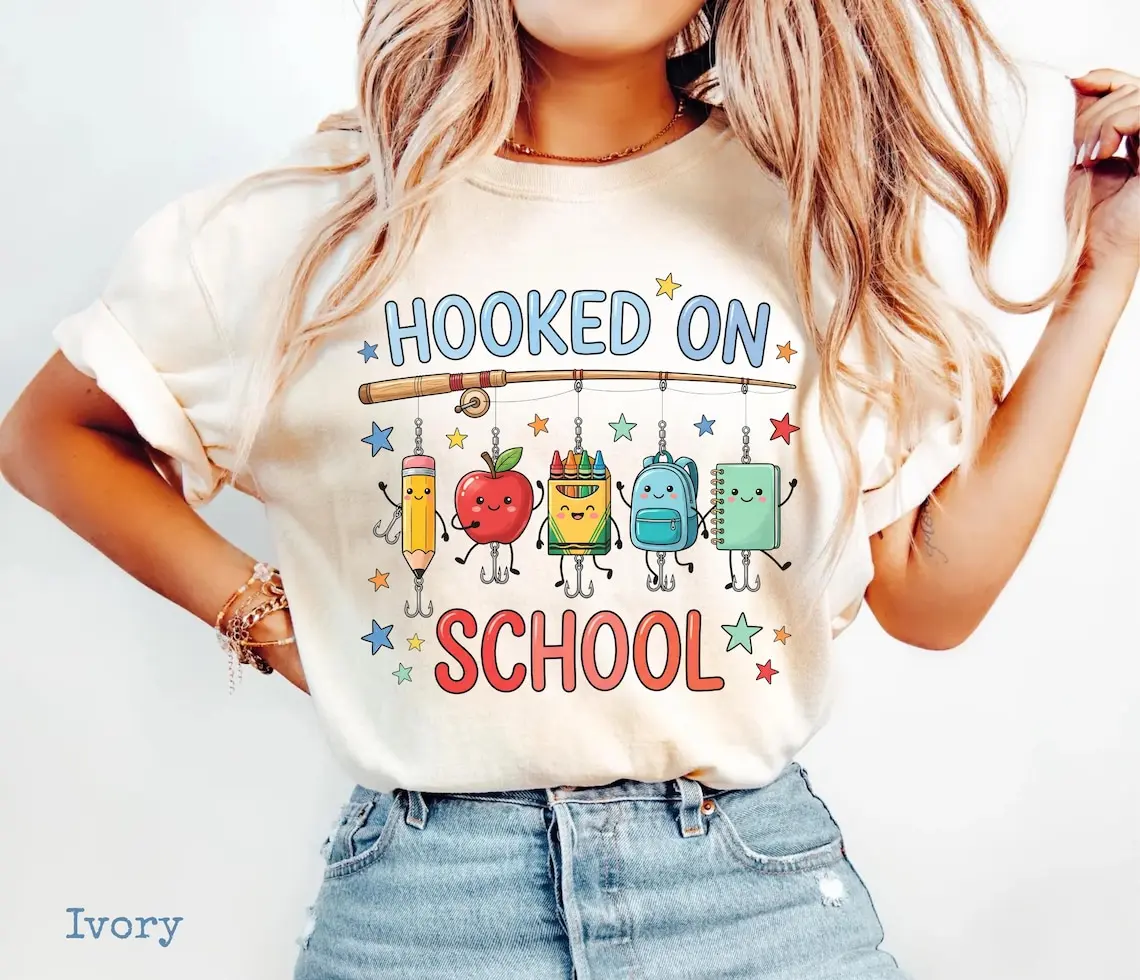 Comfort Colors Hooked On School Shirt, Cute Back To School Gift, Funny Teacher Supplies TShirt,Fishing Rod Pencil Apple Backpack Graphic Tee