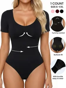 Women's Seamless Shaping Short Sleeve Jumpsuit, Opened Buckle Design, Comfortable T-Shirt,Ribbed Abdominal Control&Butter Lift Shapwear, Soft Elastic Fabric, All Seasons Wear
