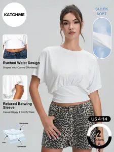 Katch Me Chic Women's Casual Solid Color Cinched Waist Batwing Sleeve Top, Summer Round Neck Short Sleeve Skin-Friendly Crop Top, Breathable Anti-Pilling Daily Outfit